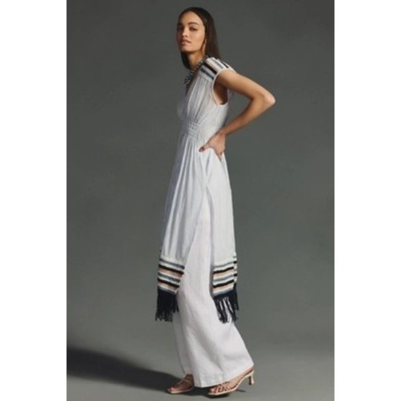 Anthropologie Crochet Trim Fringed Hem Sleeveless Light Blue Kaftan OS - Picture 1 of 7